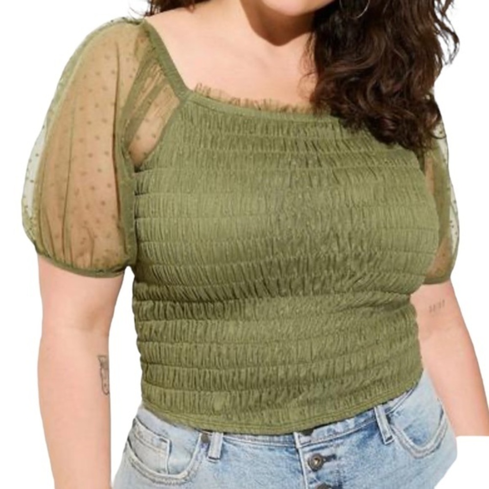 Torrid Dot‎ Mesh Square Neck Smocked Crop Top olive green 1X 2X 3X